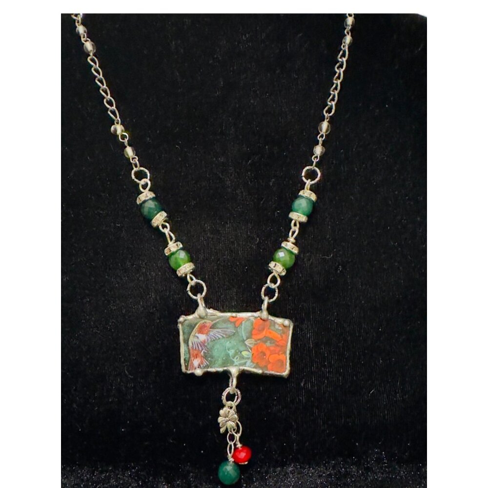 Lena Liu Hummingbird Broken China Pendant Silver-Blend Metalwork Quartz Necklace - Picture 5 of 10